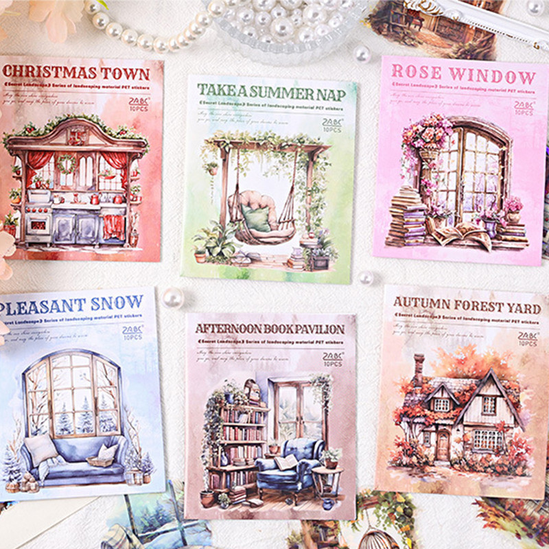 10 Pcs Laser Shiny Courtyard Scenery Series Stickers Pack Transparent ...