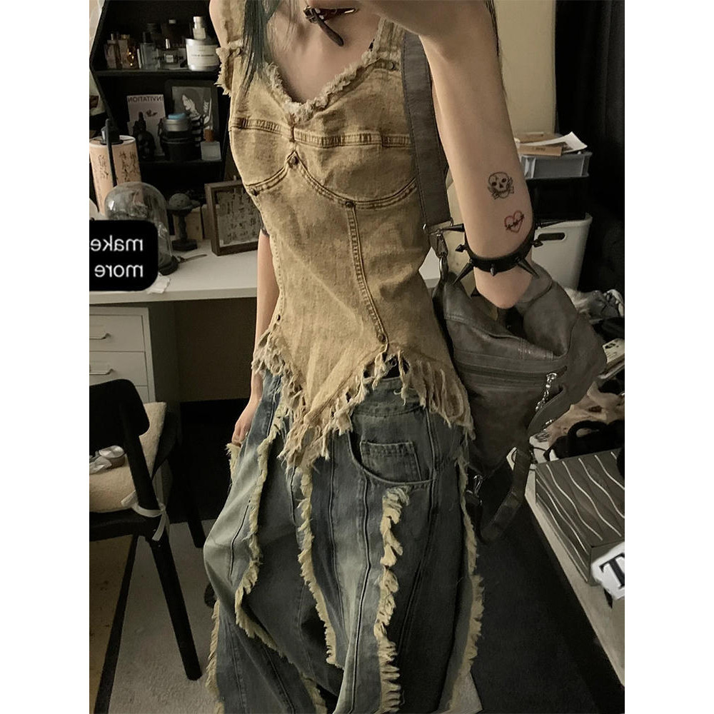 Sling Denim Vest Slim Top American Summer Trendy Irregular Women's