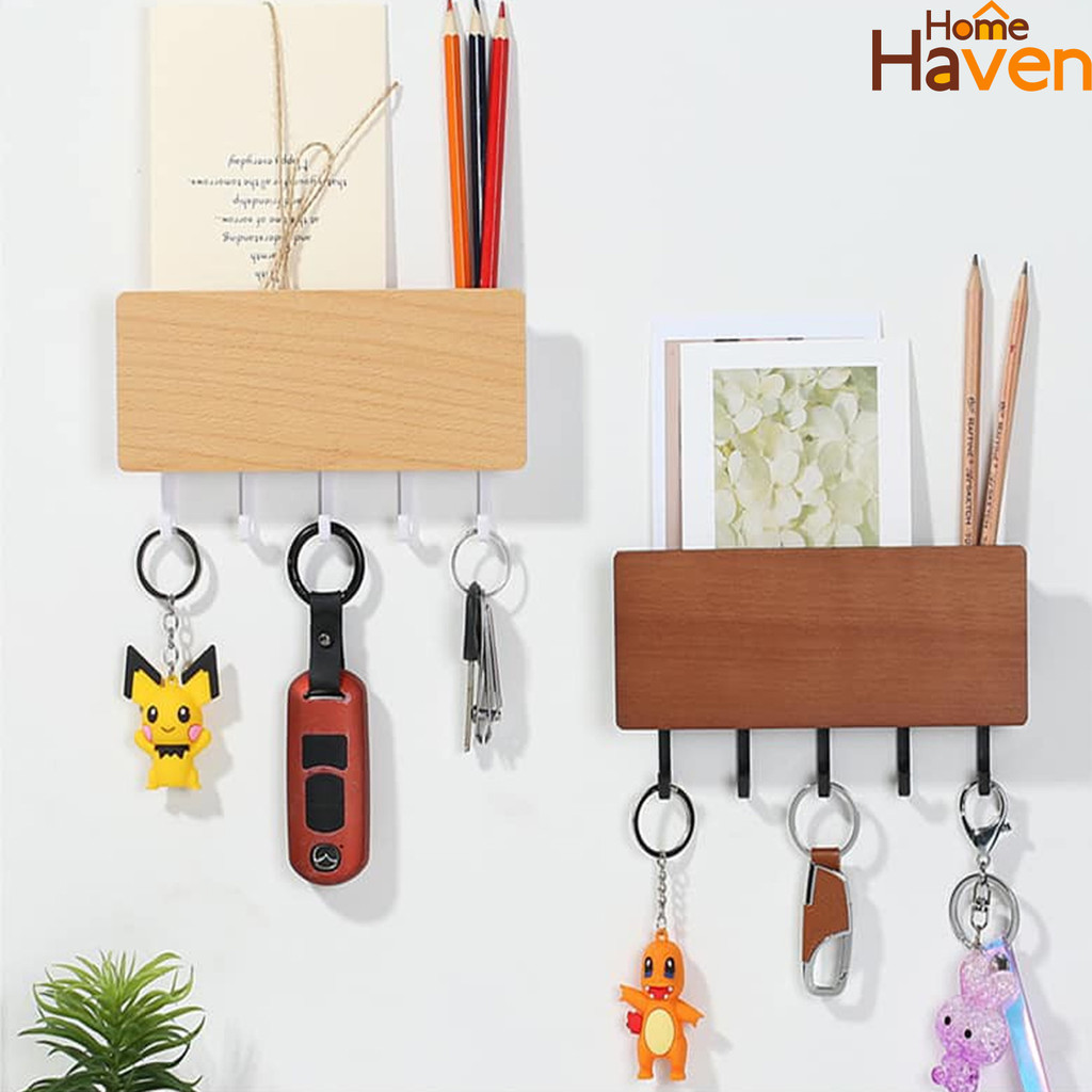 Wooden Home Clothes Hook Wall Mounted Mail Letter Key Holder Organizer ...