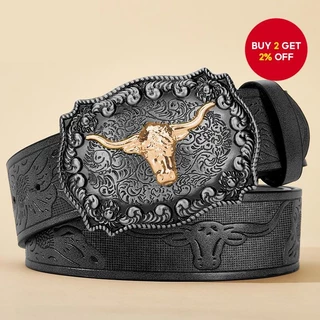 Western PU Leathers Cowboy Buckle Belt For Men And Women Jeans Engraved Floral Metal Bull Buckle Belt