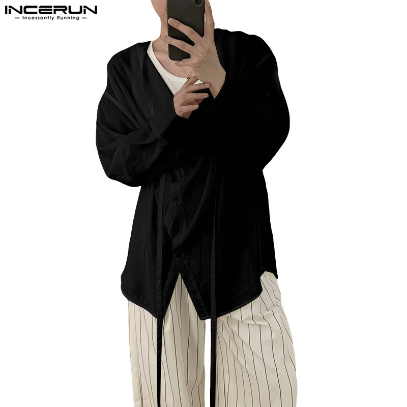 INCERUN men's fashionable loose ribbon design long sleeved shirt ...