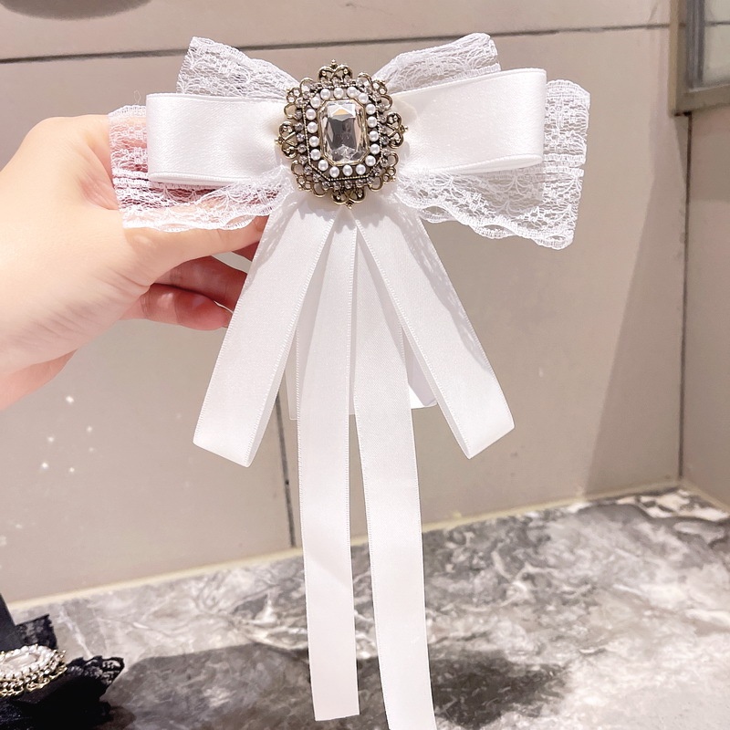 Elegant Lace Ribbon Bow Tie with Pins Luxury Rhinestone Crystal Collar ...