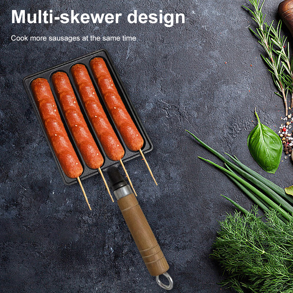 Cast Iron Pot for Grilled Sausage with Wooden Handle Hot Dog Mold Pan