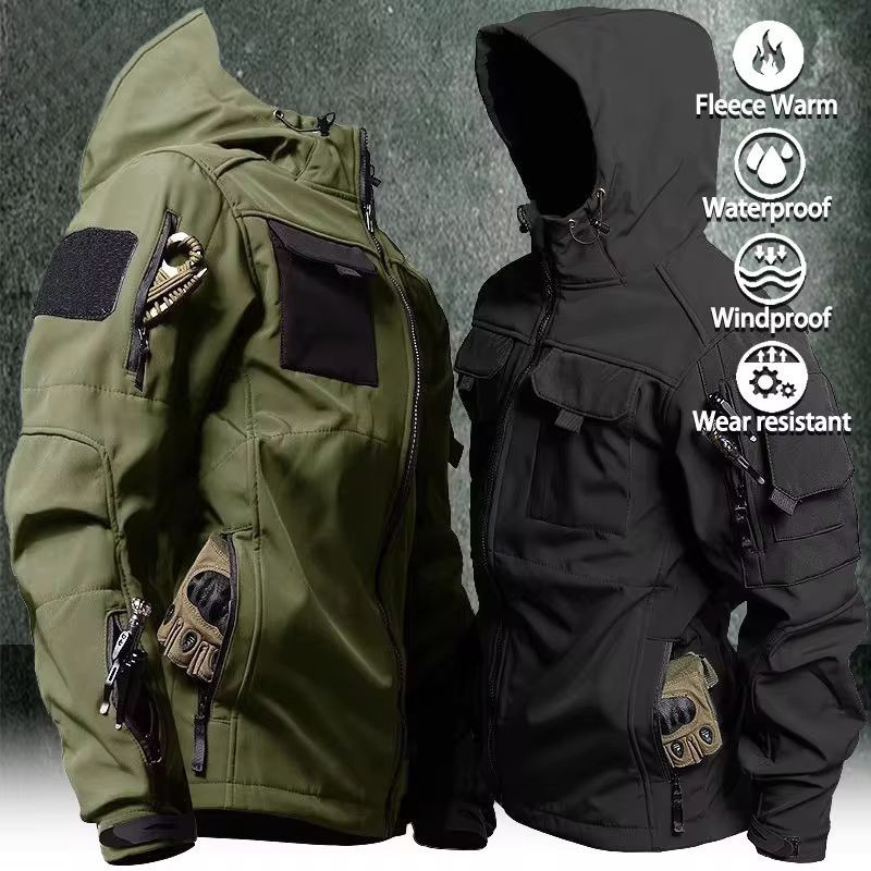 【COD】Men's fleece jacket multiple pockets hooded jacket wear-resistant ...