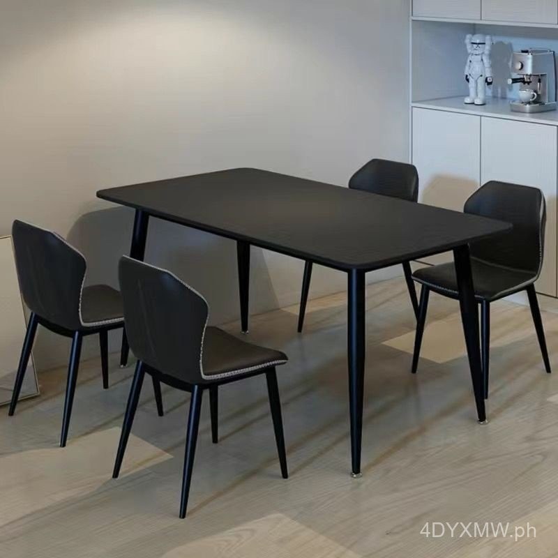 Minimalist Pure Black Stone Plate Dining Table and Chair Home Small ...