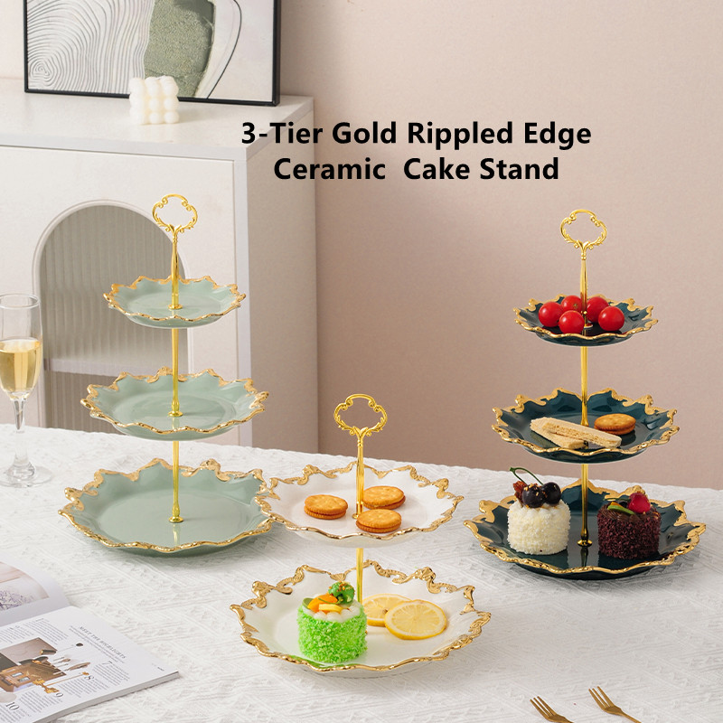 VISHINE 3-Tier Gold Rippled Edge Ceramic 3Layers Fruit Plate Cake Stand ...