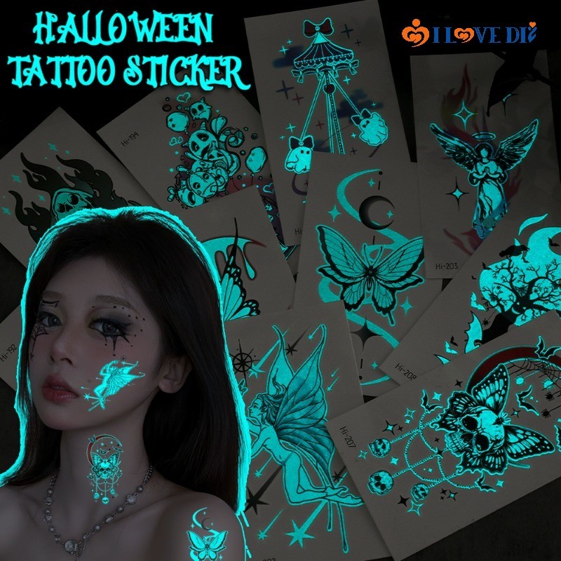 5 Sheets Butterfly Skull Blue Glow in The Dark Waterproof Temporary