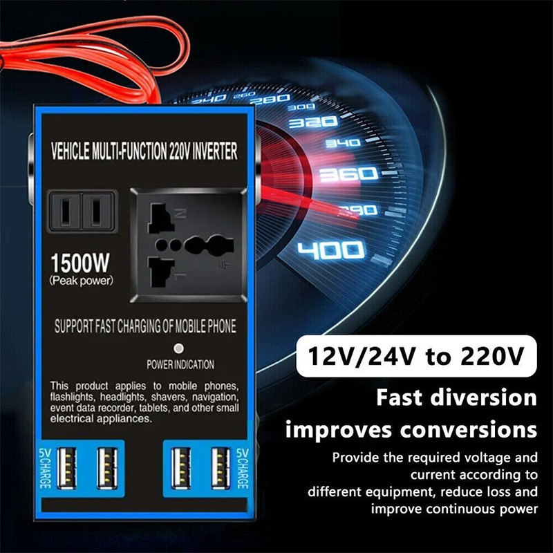 Car inverter 1500W 12V 24V to 220V power converter 4 Usb ports multi