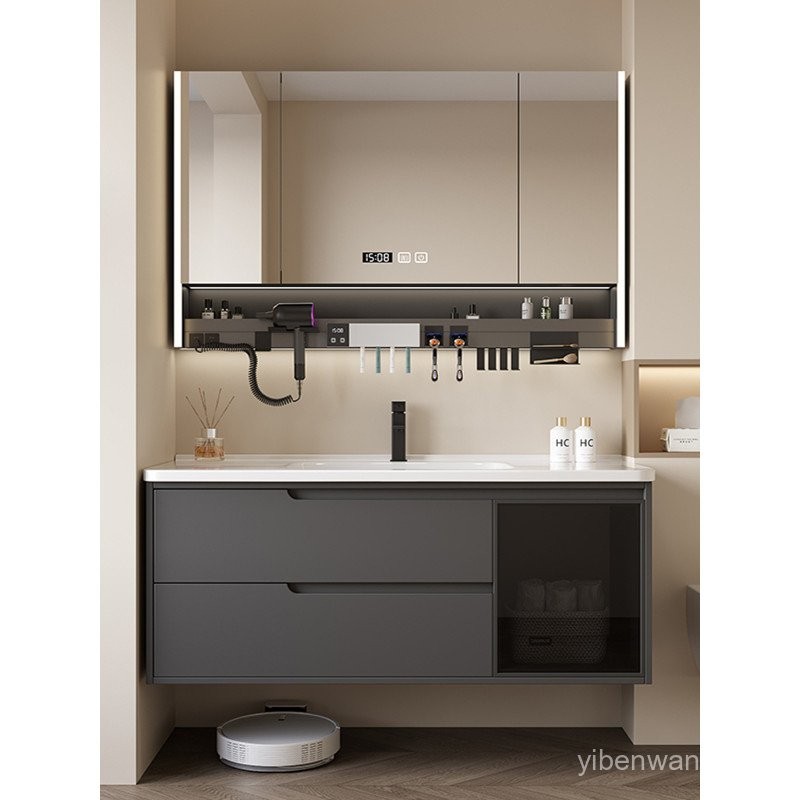 Modern Minimalist Solid Wood Bathroom Cabinet Set with Ceramic ...