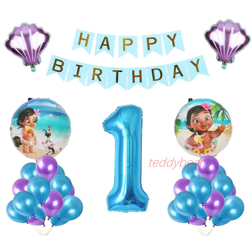 Moana Theme Balloon Set Blue Number Ocean Shell Foil For Birthday Party ...