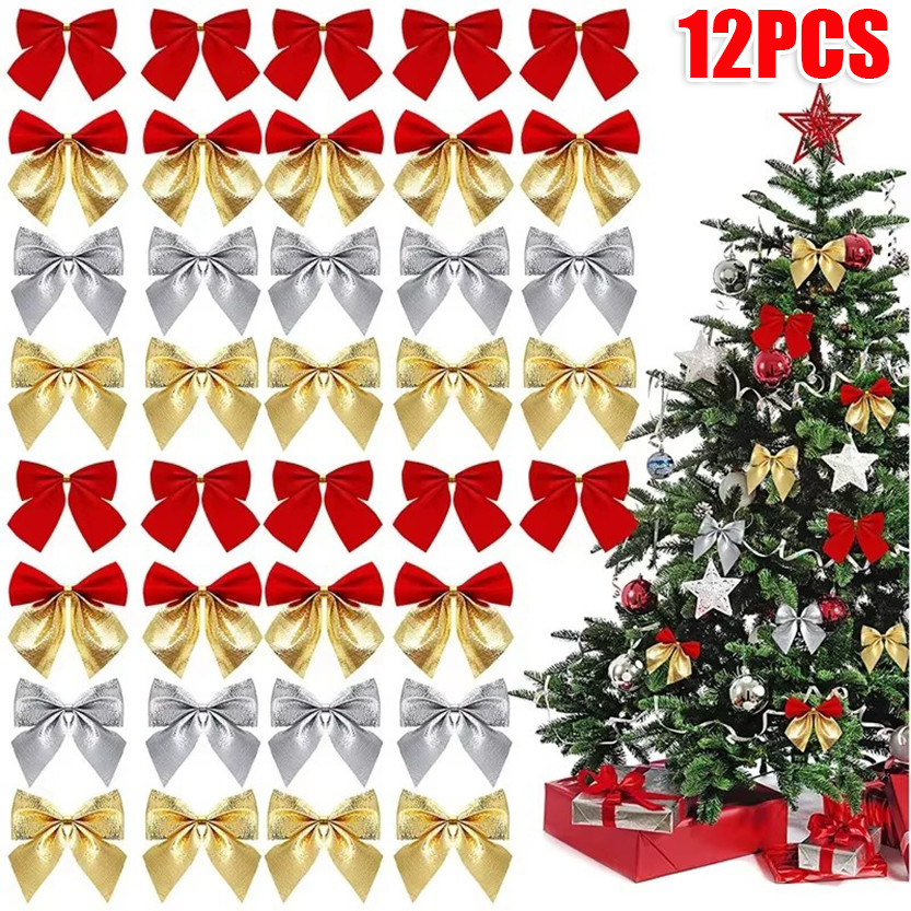 12Pcs Christmas Mini Glitter Ribbons Bow / Xmas Tree Ornaments Gift ...