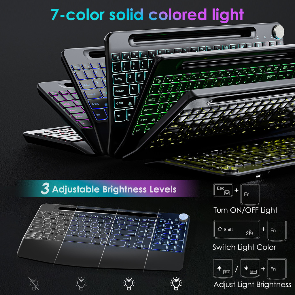 2.4G Wireless Keyboard and Mouse Set Full Size Rechargeable 7 Colors ...