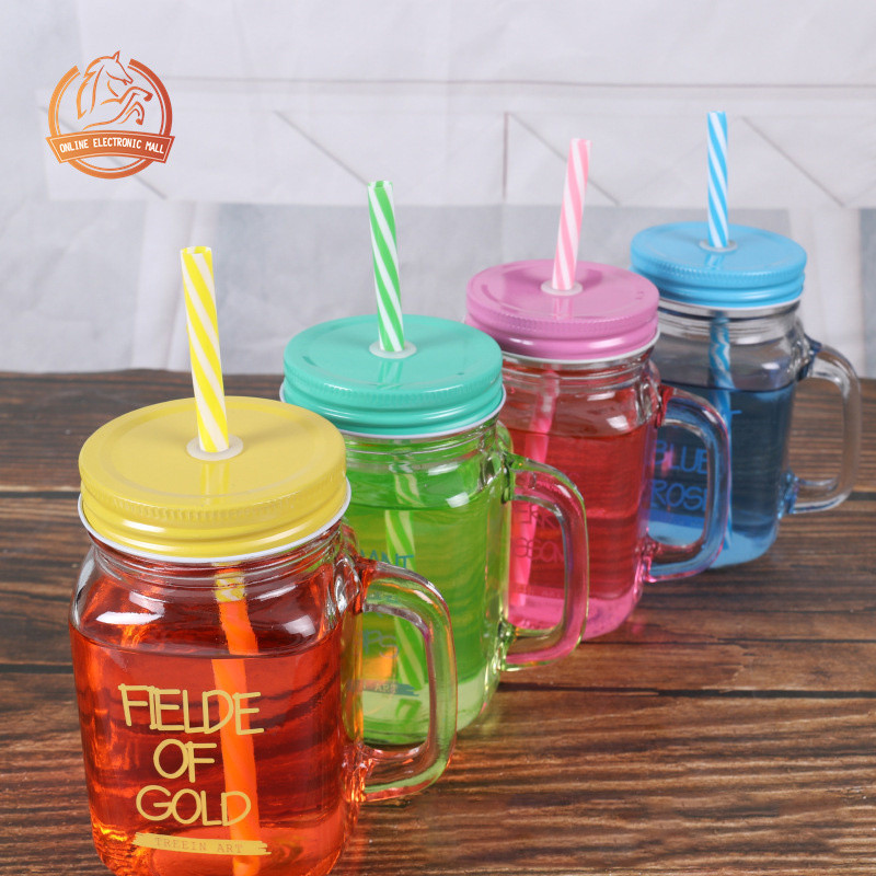 BZ 500ml Colored Mason Jar With Reusable Straw Bottle Glass Mug Emboss ...