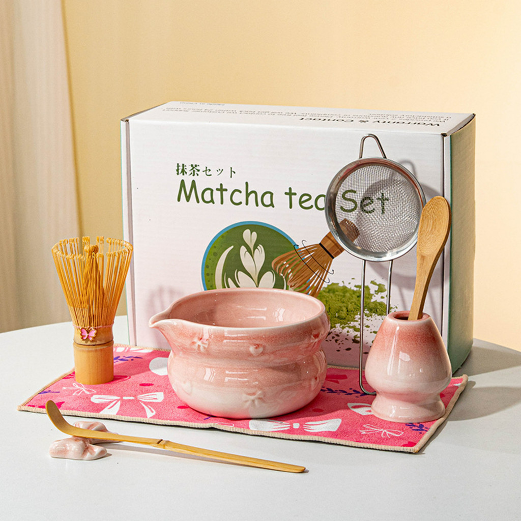 Kiln-turned Pink Matcha Set Matcha Bowl with Mouth Matcha Brush ...