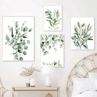 （With Frame）Minimalist Frame Painting Green Leaves Poster Plant Canvas ...