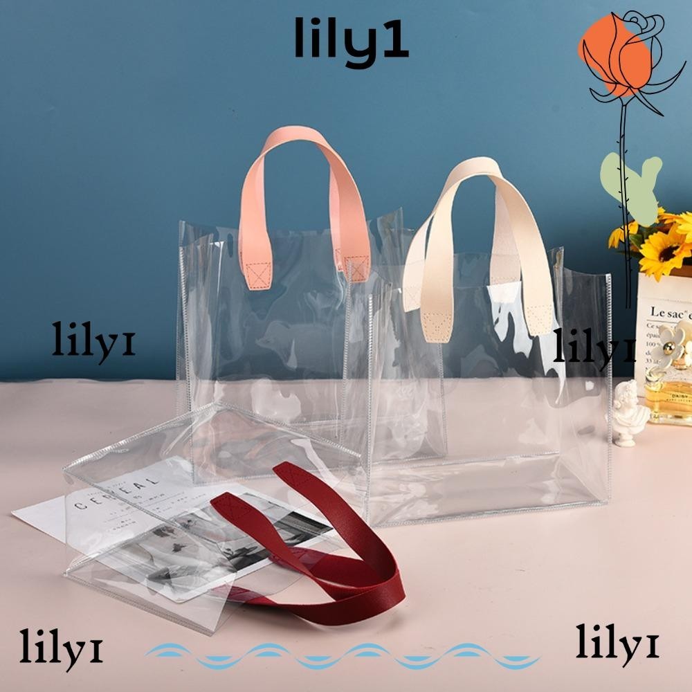 24 Pack Thank You Clear Gift Bags With Handles - PVC Plastic Tote For Parties (8x4x10 Inches)