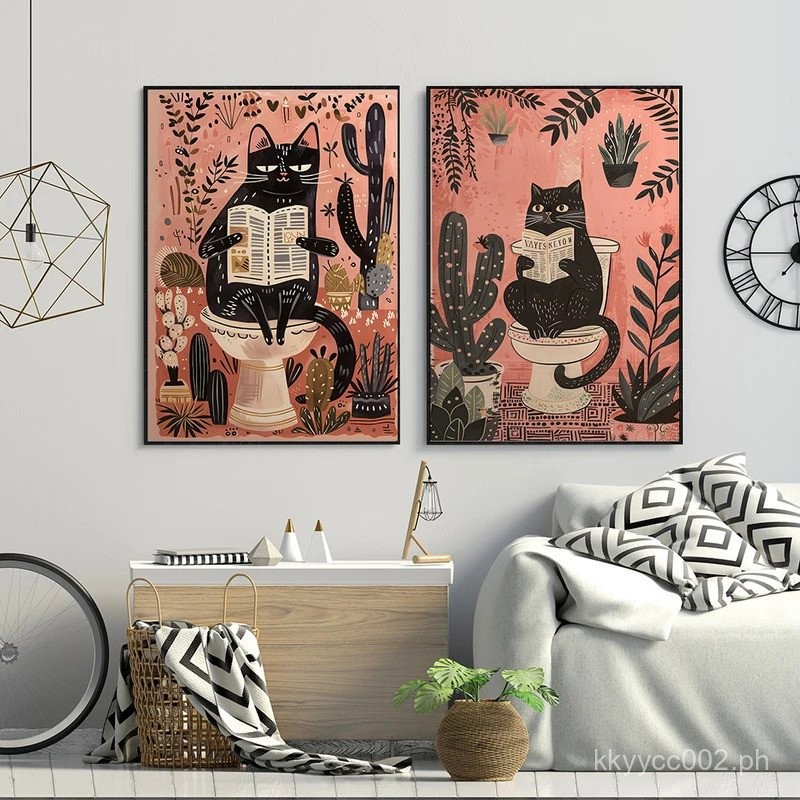 Funny Black Cat On The Toilet Reading Poster Animal Bath Prints Canvas ...