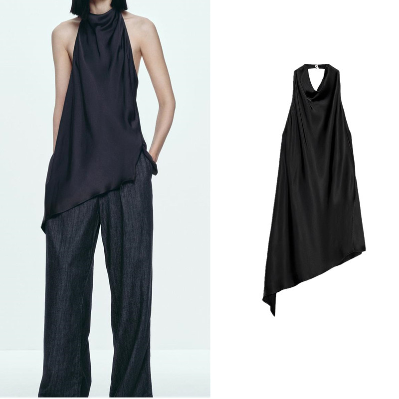 ZARA Asymmetric Hem Silk Satin Halter Collar Short Top 2754100 | Shopee ...