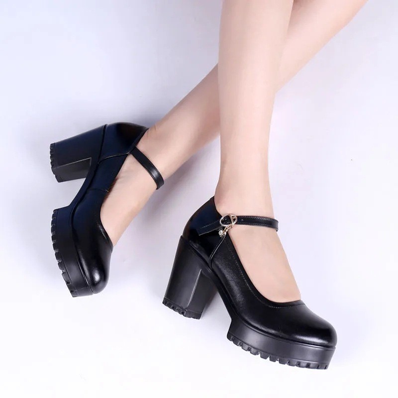 Korean Fashion Black Shoes For Women Heels School Office Work block ...