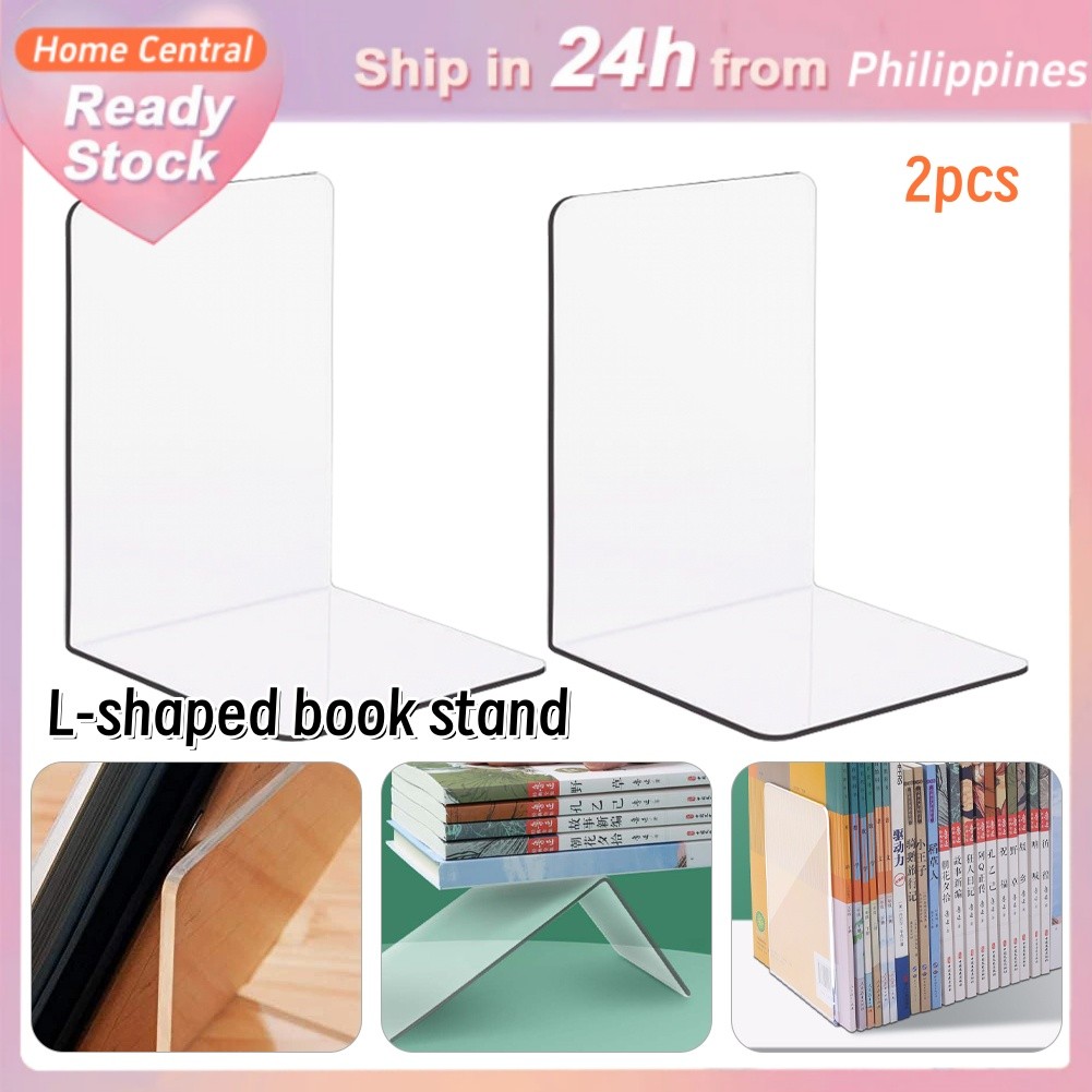 2PCS Acrylic Transparent Bookends L-Shaped Book Stand Desktop Organizer ...