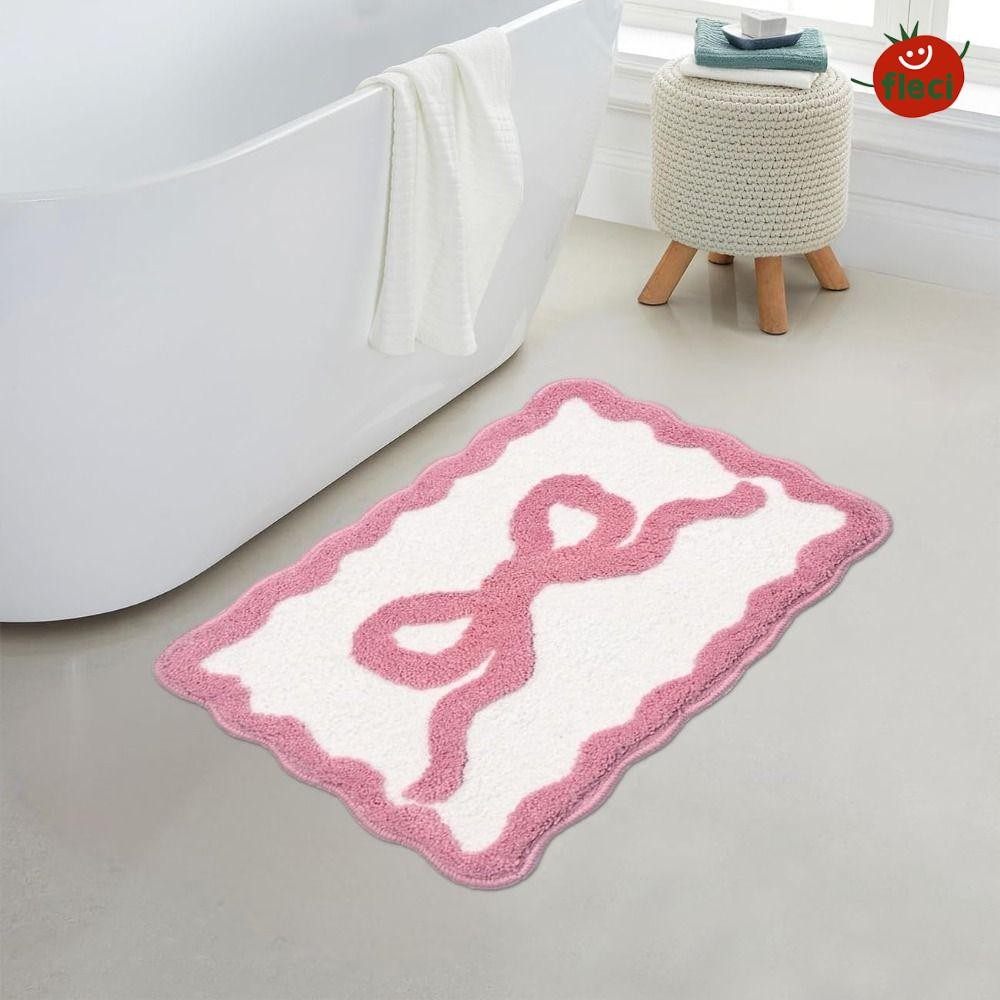 FLECI Preppy Scalloped Rug, Bow Decor Pink Blue Bow Bathroom Rugs ...