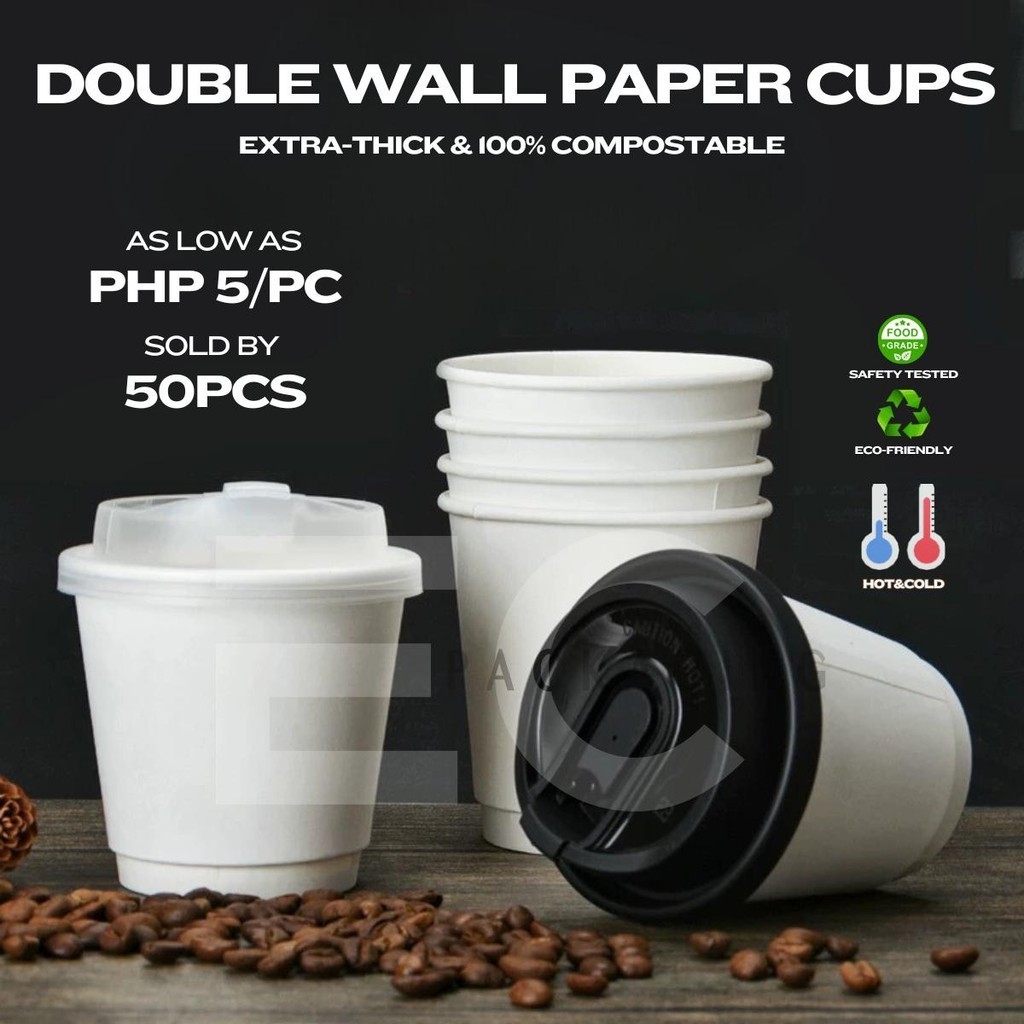 EC 50PCS WHITE DOUBLE WALL PAPER CUP 90MM CUP For Hot And Cold Cup with ...