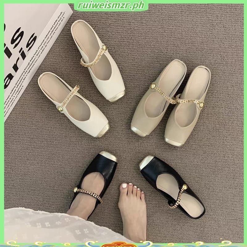 Slippers FlatSoled ToeCovered HalfSupport New Style Metal Mary Jane