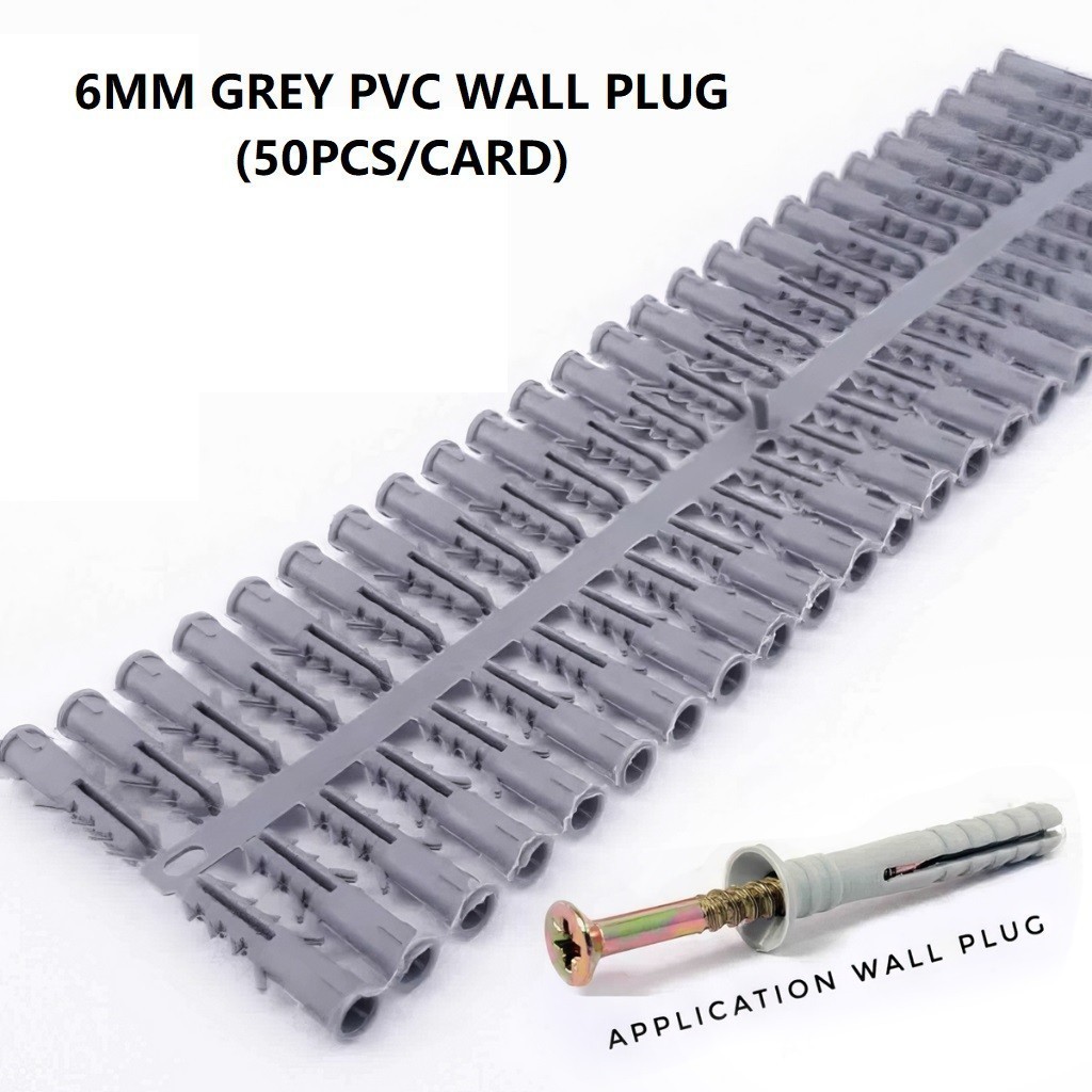 6mm Grey / Red PVC Wall Plug / Screw Dinding Plug (50pcs/card) Shopee