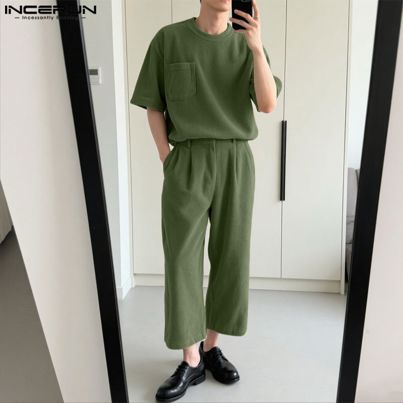 INCERUN Men's Corduroy Short Sleeve T-shirt+Pants Casual Set | Shopee ...