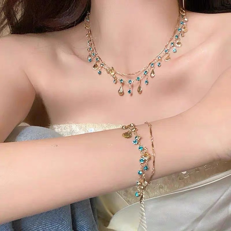 YX Blue Zirconia Gold Shell Double Layers Necklace Niche Design Women  Fashion Accessories