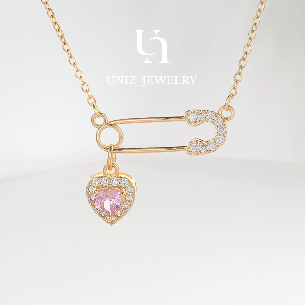 UNIZ 18K Gold Safety Pin Pink Heart Pendant Necklace for Women