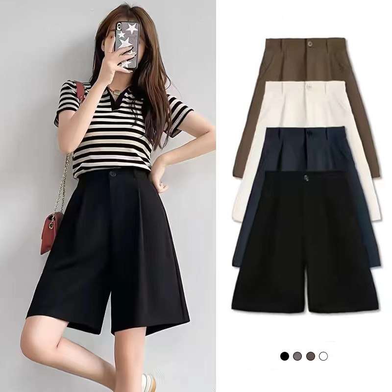 Ecokauer women short suit pants Loose Thin wideleg pants high waist A