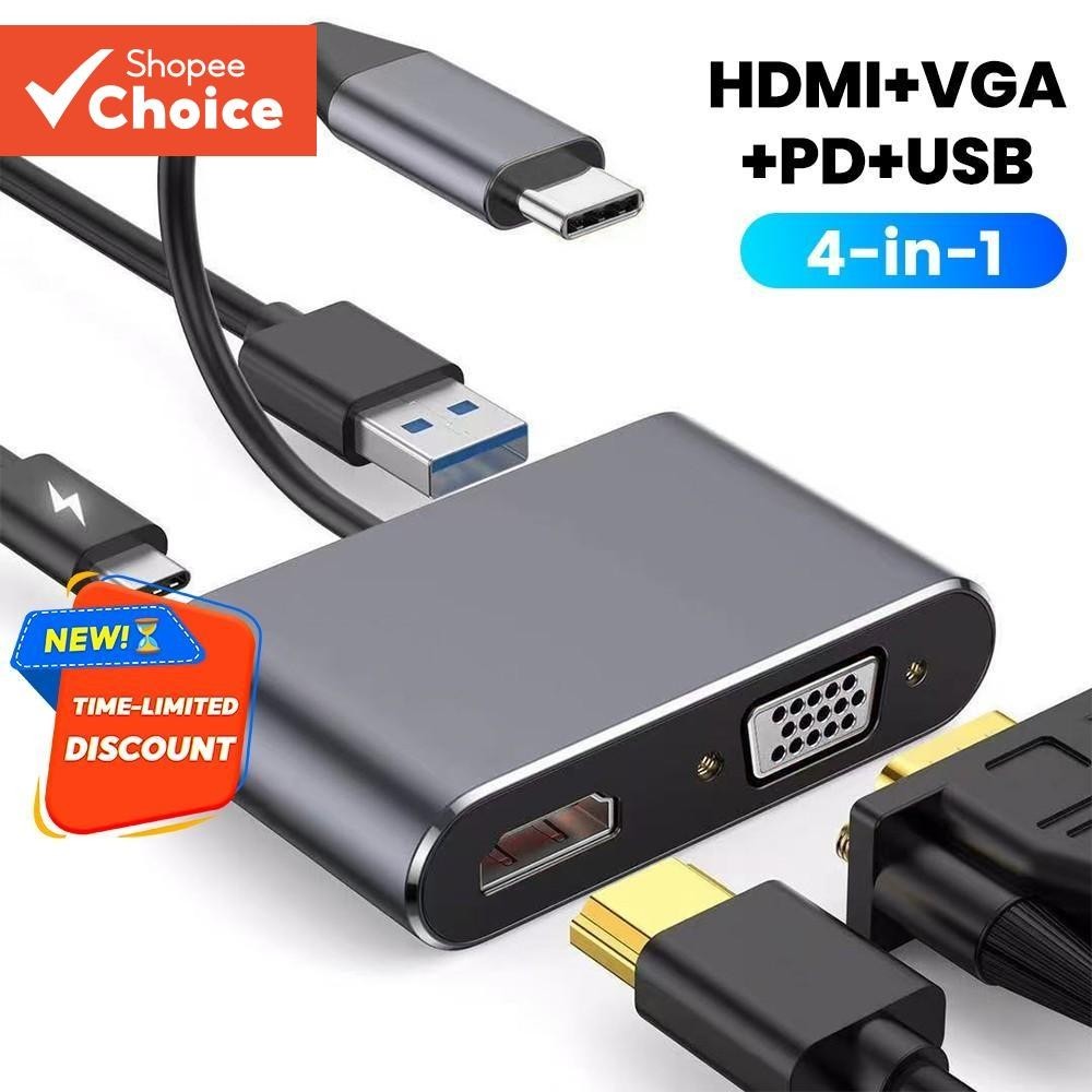 USB Port HUB 4 in 1 VGA Laptop 4K HDMI Adapter PD Charge Laptop Type C ...