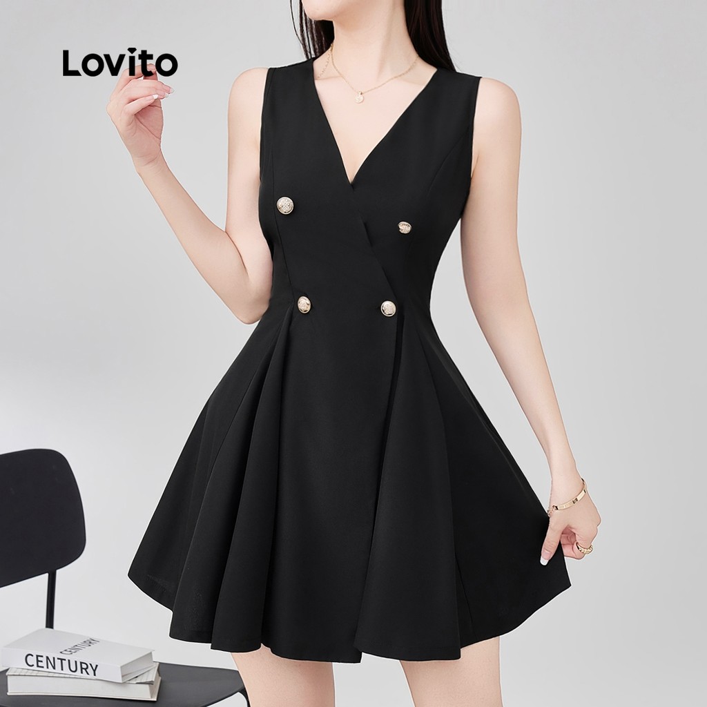 Lovito Women Casual Dress Button Front Spring/summer Black Dress ...