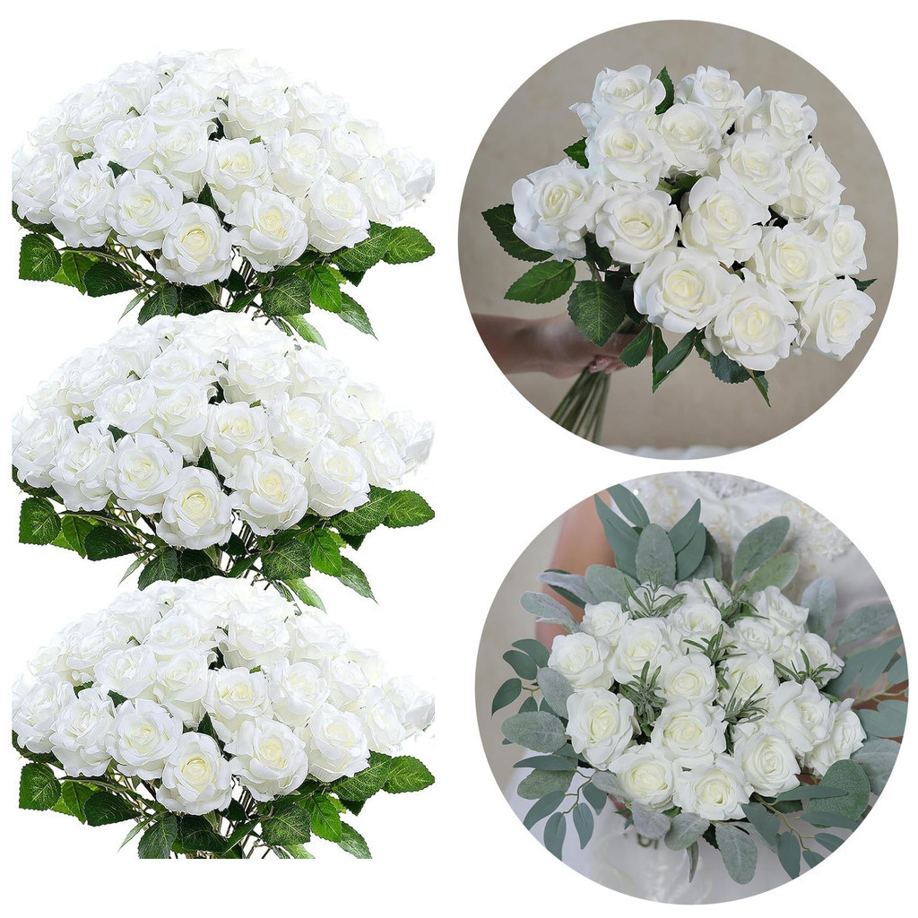 White Artificial Rose Flower Bridal Bouquet Faux Silk Roses Stem Fake ...