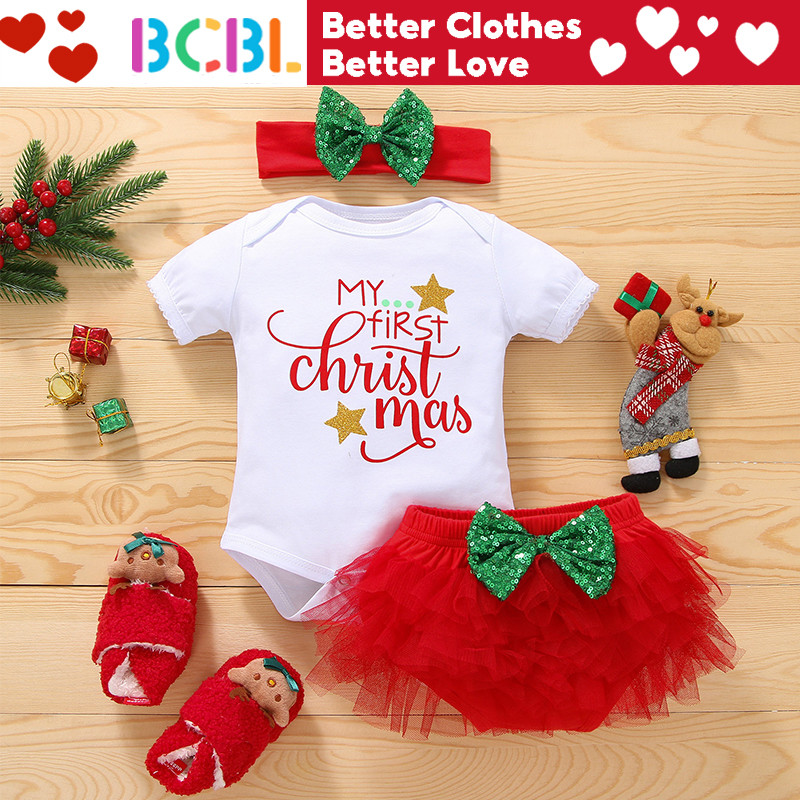 China Stocks BCBL Christmas Outfit for Baby Girl Short Sleeved Romper Red Skirt and Headband 3Pcs Set Baby Christmas Outfit 0 18 Months Shopee Philippines