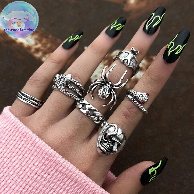 thewoodfameing 7Pcs/set Punk Snake Rings For Women Gothic Spider Men ...