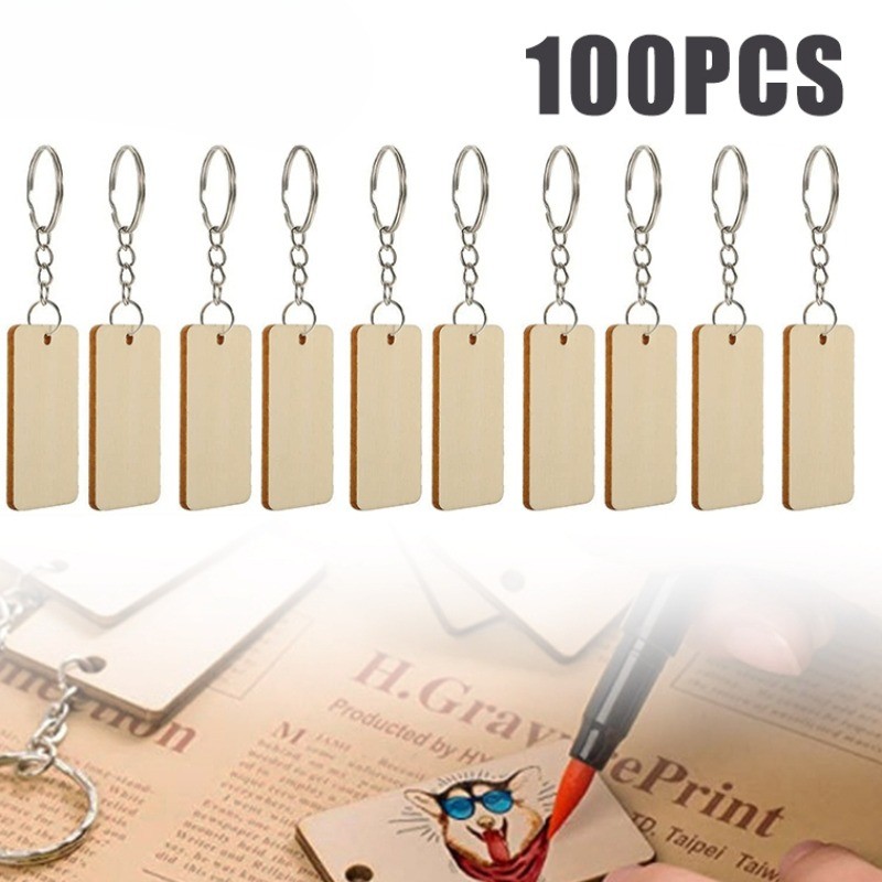 100Pcs Blank Wooden Keychain Set Rectangle Wood Engraving Blanks Key ...