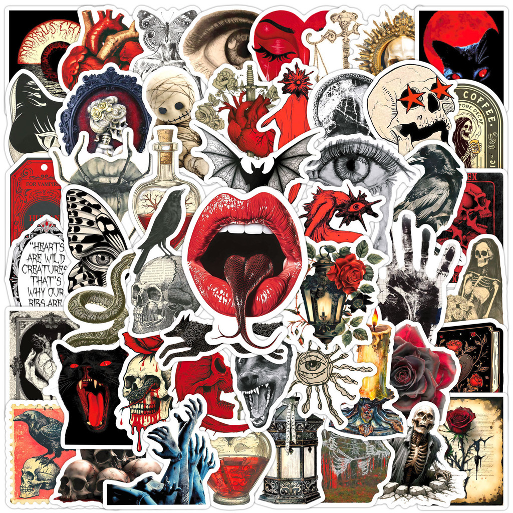 50 Pcs Vintage Red & Black Horror Thriller Stickers - Waterproof ...