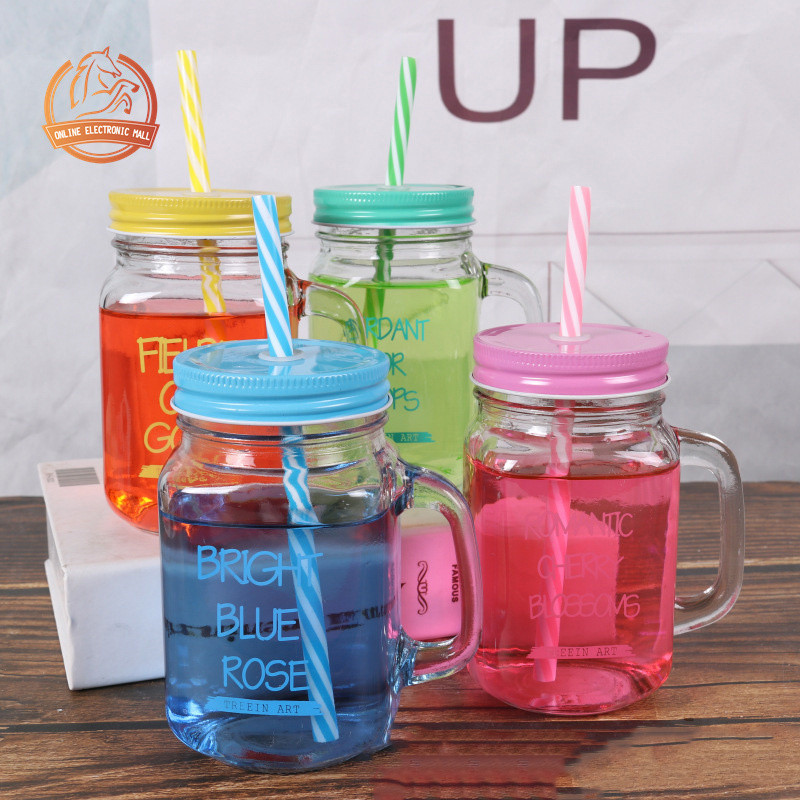 BZ 500ml Colored Mason Jar With Reusable Straw Bottle Glass Mug Emboss ...