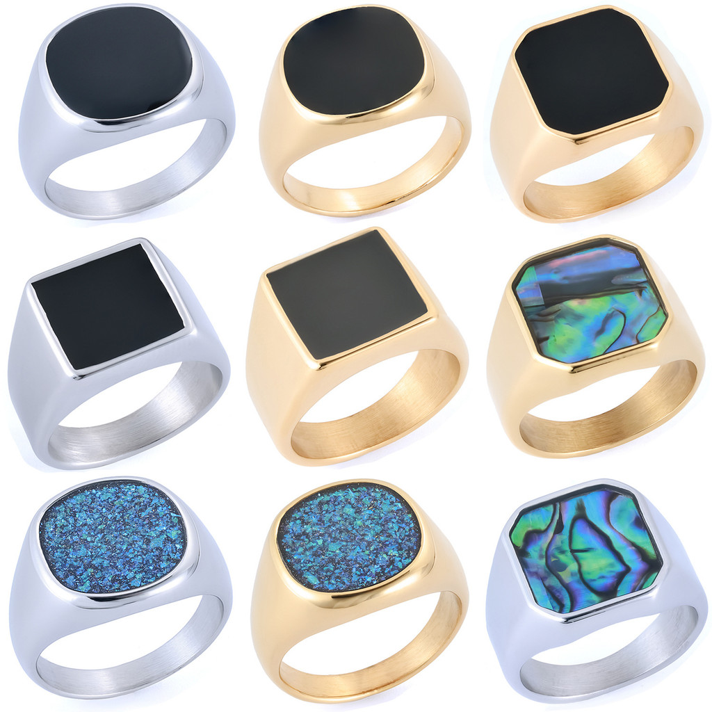 Personalized Men's Trendy Epoxy Abalone Shell Ring Stainless Steel Non ...
