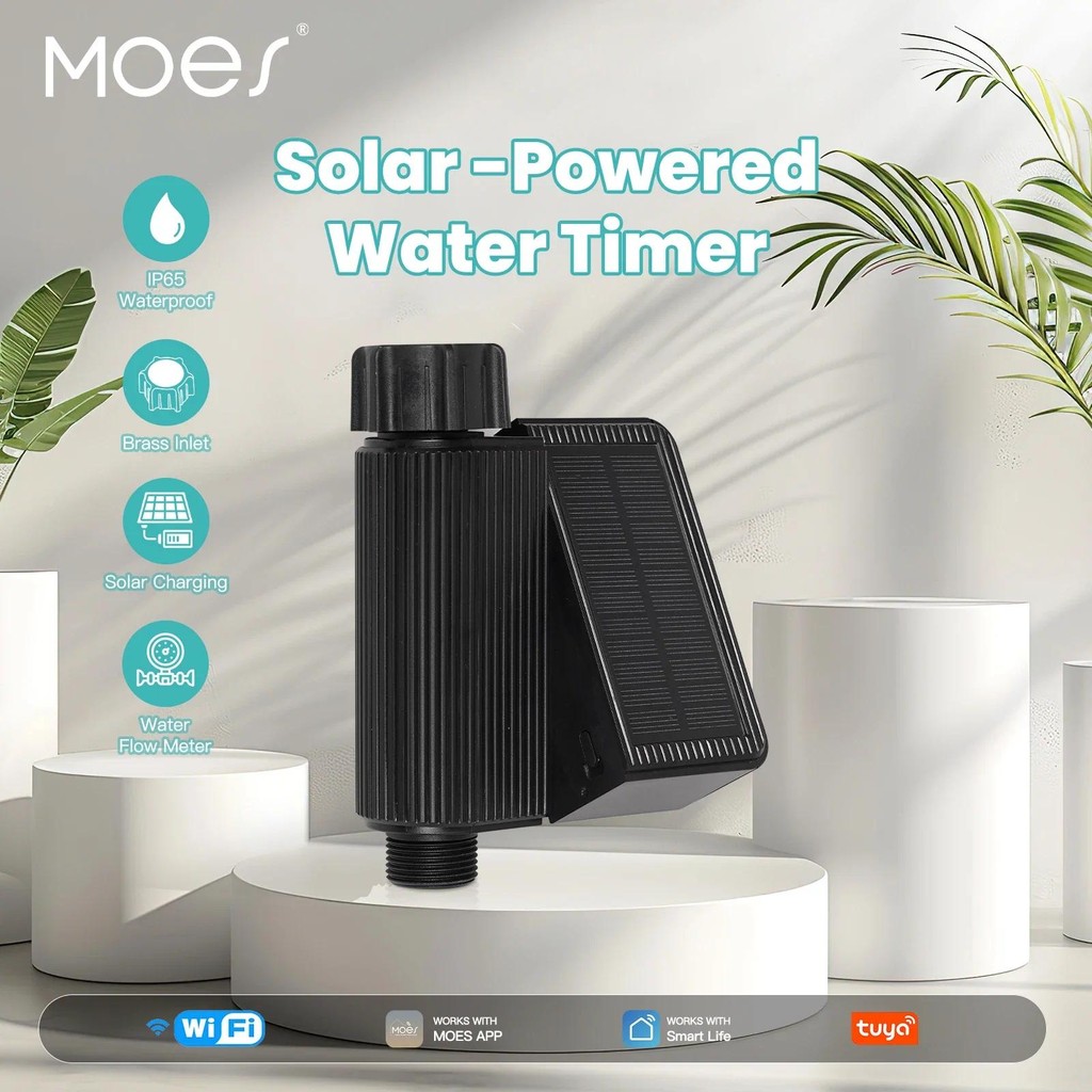 MOES Tuya UK WiFi Solar Powered Water Timer Meter IP65 Waterproof Brass ...