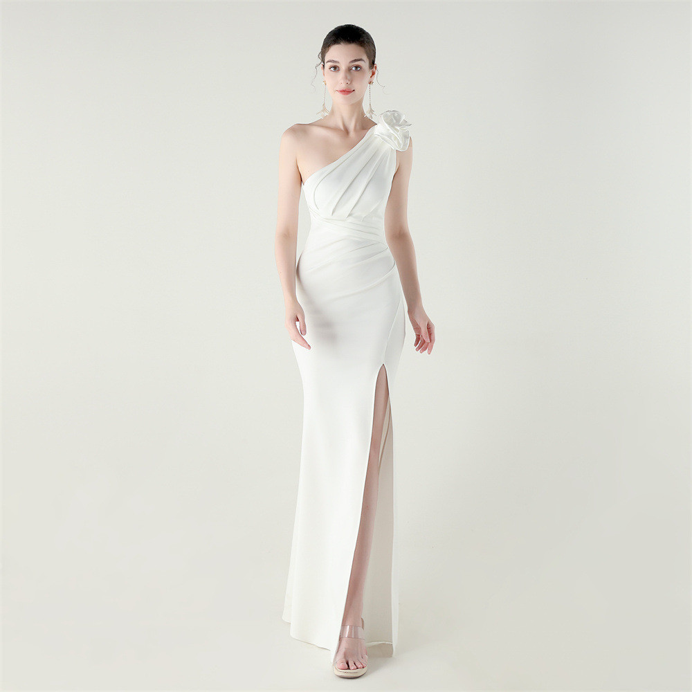 One-Shoulder Three-Dimensional Flower Satin Cloth Folded High Slit Sexy ...