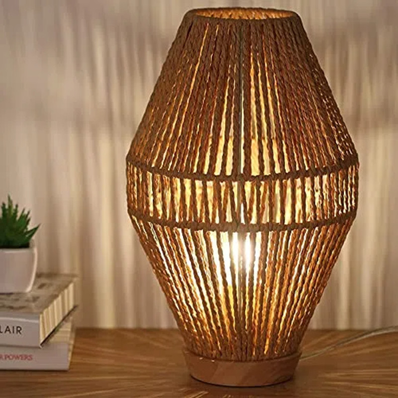 Rustic Boho Handmade Woven Table Lamp,Wooden Base&Rattan Lampshade ...