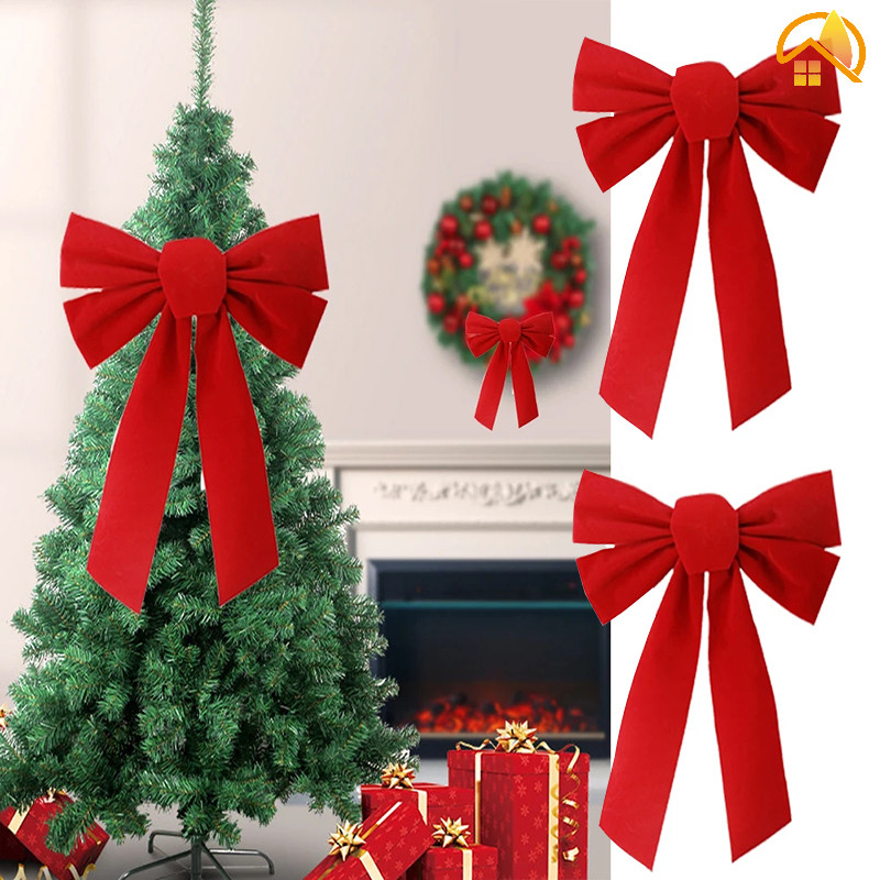 Long Christmas Bow Red Flock Ribbon Christmas Tree Bows Decoration ...