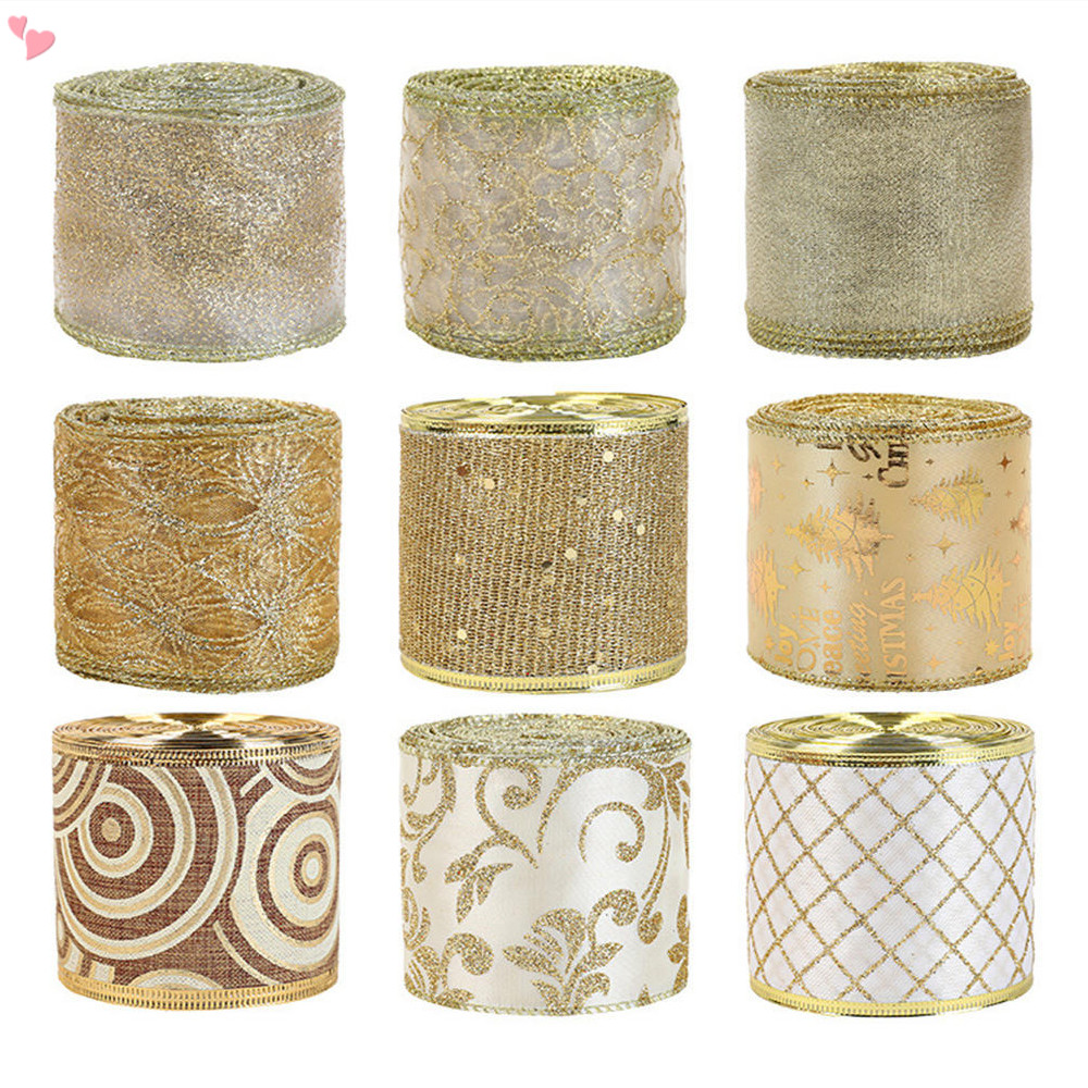 2M Gold Ribbon Wired Christmas Tree Ribbon 2.5 Inch Xmas Burlap Organza ...
