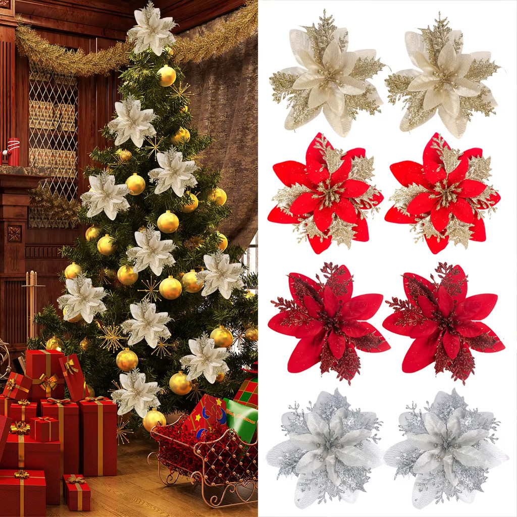 5/10/12pcs Artifical Christmas Flowers Christmas Tree Decor Glitter ...