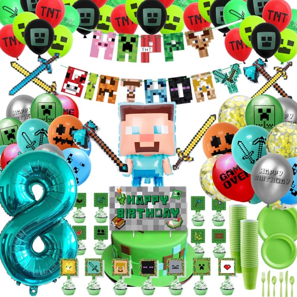 Minecraft Game Themed Party Decoration Foil Balloon Set Happy Birthday ...