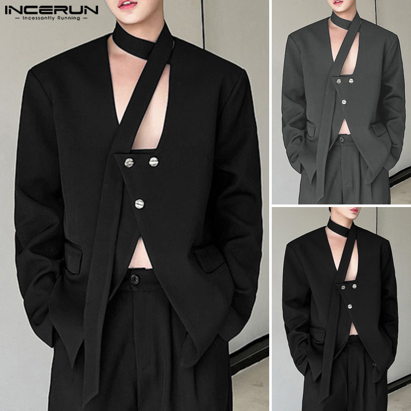 INCERUN Men Korean Deconstructed Hollow Design Ribbon Long Sleeve ...