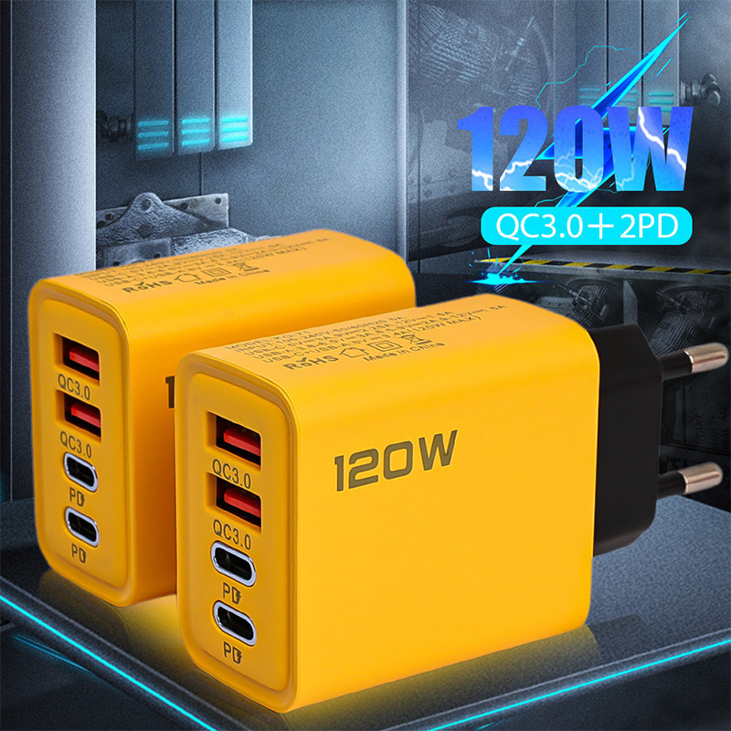 120W 4-Port USB-C Fast Wall Charger – Universal Fast Charge Block For Phones & IPad (Yellow)
